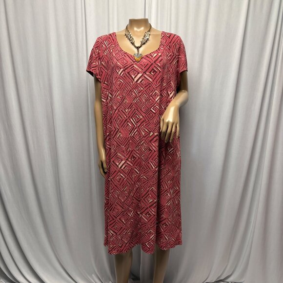 White Stag Midi Dress Womens Size XL Geometric Rose Print Short Sleeve Stretchy - Picture 1 of 8